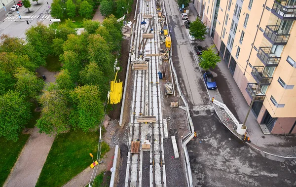 Está Construyendo Una Vista Aérea Las Vías Del Tranvía Espoo — Foto de Stock