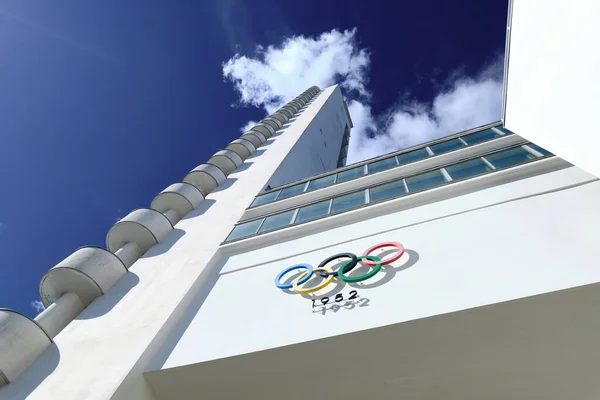 Helsinki Finland August 2020 Tower Olympic Stadium Olympic Logo Entrance — Stock Photo, Image