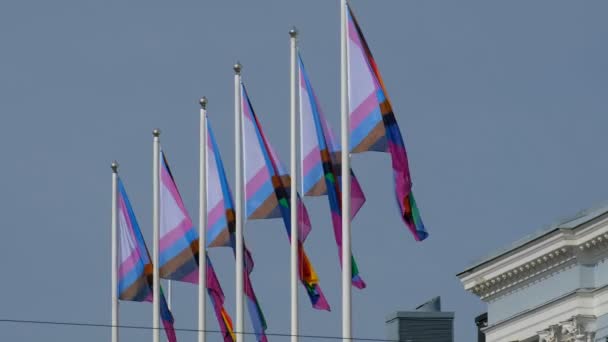 Banderas Del Orgullo Asta Bandera Blanca Contra Cielo Azul Helsinki — Vídeos de Stock