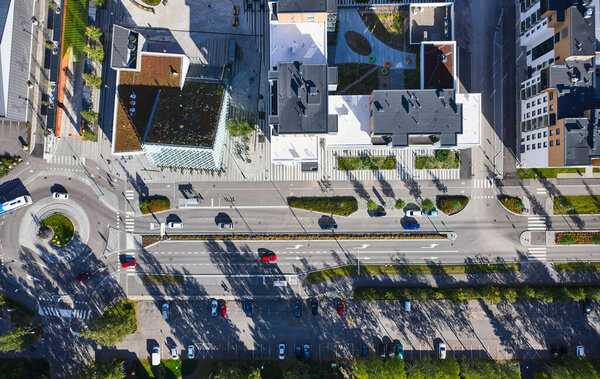 Aerial view of apartment buildings, streets in the Tapiola neighborhood of Espoo, Finland. Modern nordic architecture.
