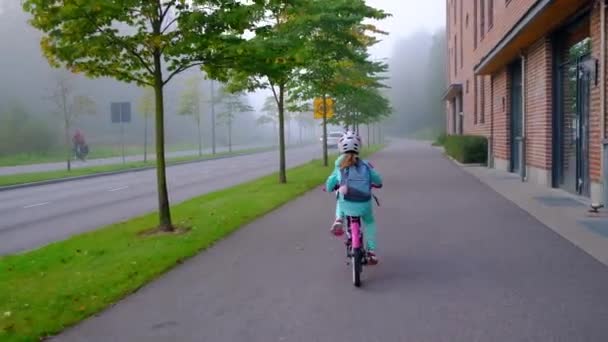 Lány Biciklizik Iskolába Egy Ködös Reggelen — Stock videók
