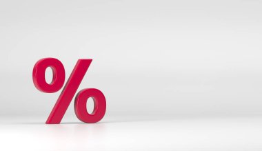 Beyaz izole arkaplan 3d illüstrasyonunda% 3D simge kırmızısı. Parlak ve plastik bir yüzde veya indirimli bir sembol. Satılık, alışveriş, terfi sembolü, yarı fiyatına.