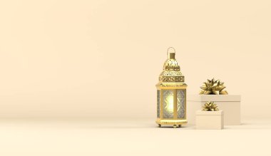 Altın fener ve hediyeler üzerine 3D kompozisyon. Arka plan fotokopi uzay metni. Ramazan Kareem ya da Müstehcen İslami Kutlama Günü 'nün yaratıcı tasarım konsepti. Üç boyutlu illüstrasyon. Ürün gösterisi, hediyeler