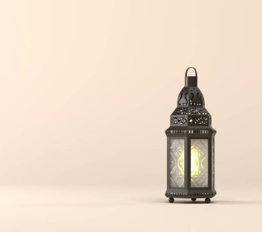 3 boyutlu arkaplan ramazanı kompozisyonu. Beyaz sarı arka planda 3 boyutlu Arap feneri. Ramazan Bayramı ya da Kurban Bayramı 'nın yaratıcı İslami Kutlama Günü konsepti. 3d resimleme. 