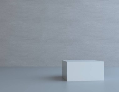 Soyut monolit köşegen bloğunun 3D küp görüntüsü. Beton doku. Geometrik ağır çimento bloğu duruyor. Gri arka planda izole edilmiş. Ürün için gri küp kutusu, kozmetik