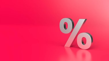 Kırmızı arkaplan 3d illüstrasyonunda% 3D simge beyaz. Parlak ve Metal izole edilmiş yüzde veya indirimli sembol. İndirim yarı fiyatına.