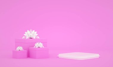 Romantik pembe 3D canlandırma sahnesi. Sevgililer Günü ya da diğer tatil kompozisyonları için sahne ve hediye. Tatil konsepti için soyut 3d geometrik şekiller. 3D sahne ya da sahne ve hediyeler