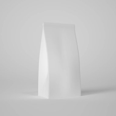 Kahve, un çekirdeği ve çay paketi modeli, beyaz arkaplan şablonuna izole edilmiş 3 boyutlu boş beyaz poşet şablonu