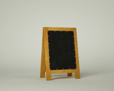 Boş ahşap tebeşirle yapılmış sokak maketi, izole edilmiş, üç boyutlu. Kafe, restoran, açık hava, reklam panosu. Restoran menüsü. Eğitim ve Okul. 