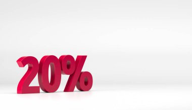 % 20 indirimli iskonto ikonu, beyaz izole edilmiş arka plan 3D resimde 3 boyutlu kırmızı. Parlak ve plastik bir yüzde veya indirimli bir sembol. Satılık, alışveriş, terfi sembolü. Yarı fiyat teklifi