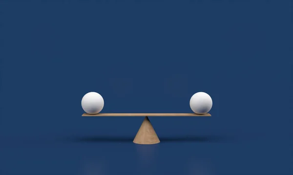 Equal white spheres balancing on a seesaw 3d illustration isolated on white blue background. 3d render balance scale.