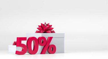 Beyaz izole edilmiş arka plan 3 boyutlu resimde% 50 indirim simgesi 3 boyutlu kırmızı. Hediye kutusu ve kırmızı kurdele indirimi. Satılık, alışveriş, terfi sembolü. Yarı fiyatına. Hediye kutusu Sevgililer Günü