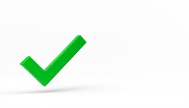 3d Green işaretleme işareti veya kene 3 boyutlu görüntüleme ile beyaz arkaplan üzerinde izole edilmiş. Başarı, test, onay, doğru