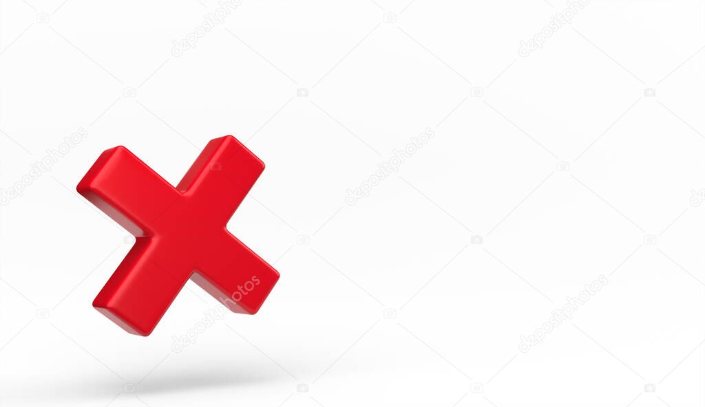 Wrong Cross Symbol Isolated. 3D rendering. Red cross - symbol of rejection, decline, delete sign. Letter - X. True or false icon 3D.