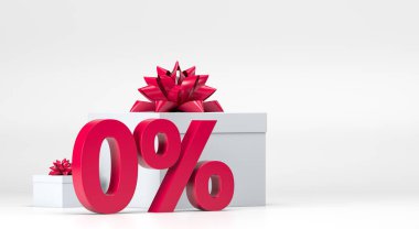 Beyaz izole edilmiş arka plan 3d illüstrasyonunda% 0 indirim simgesi 3 boyutlu kırmızı. Hediye kutusu ve kırmızı kurdele indirimi. Satılık, alışveriş, terfi sembolü. Yarı fiyatına. Hediye kutusu Sevgililer Günü
