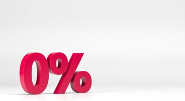 Beyaz izole edilmiş arka plan 3d illüstrasyonunda% 0 indirim simgesi 3 boyutlu kırmızı. Parlak ve plastik bir yüzde veya indirimli bir sembol. Satılık, alışveriş, terfi sembolü. Yarı fiyat teklifi