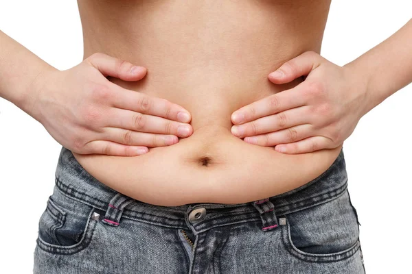 Hands Woman Presses Excess Fat Sides Abdomen White Background Front — Stock Photo, Image