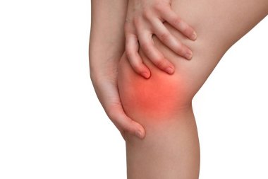 description of pain in the knees marked with a red spot on a white background clipart