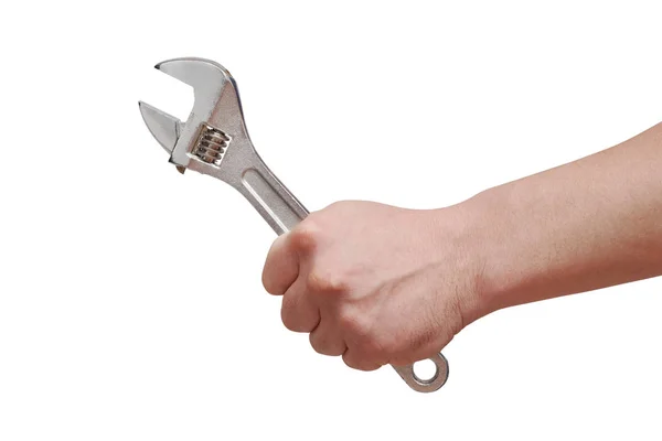 Men Hand Holding Adjustable Wrench White Background Isolated — Stock Photo, Image