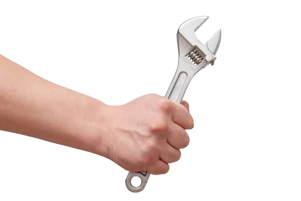 Hand Holds Wrench White Background Isolated — Stock Photo, Image