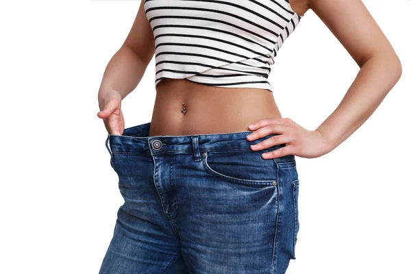 Skinny Tanned Girl Big Pants Weight Loss Concept Isolated White — Stock Photo, Image