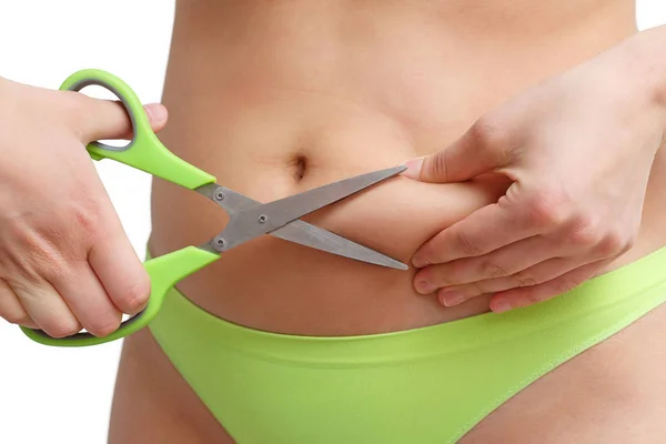 太った女性の白い背景で隔離の腹脂肪脂肪吸引概念をカット — ストック写真