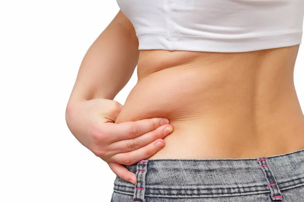 Girl Takes Extra Fat Sides Her Stomach Her Hand Isolate — Stock Photo, Image
