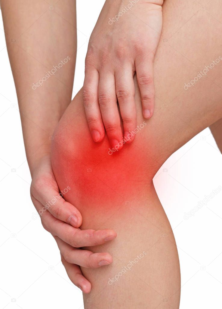 description of pain in the knees marked with a red spot on a white background