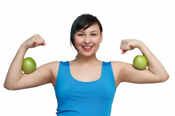 Young Beautiful Girl Blue Shirt Holds Two Green Apples Biceps — Stock Photo, Image