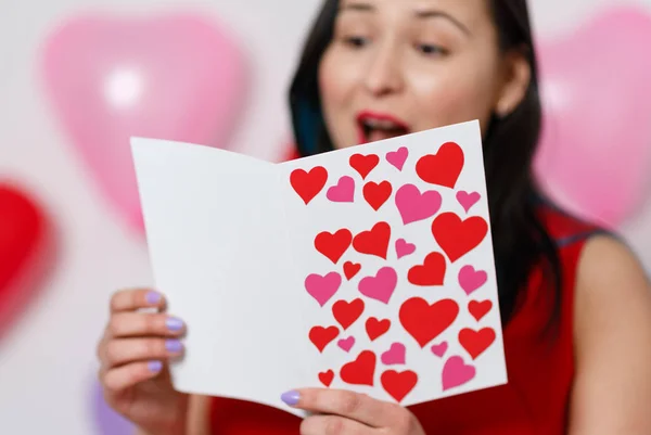Beautiful Young Woman Takes Card Hearts Declaration Love Valentine Day Stock Image