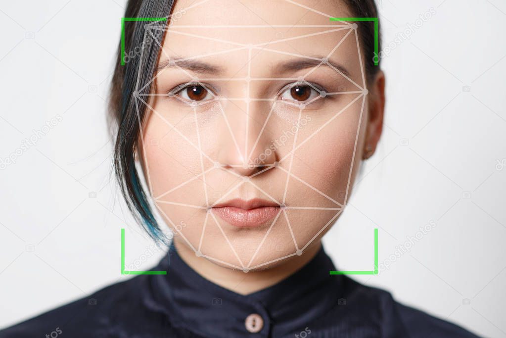 Biometric verification woman face recognition detection security.