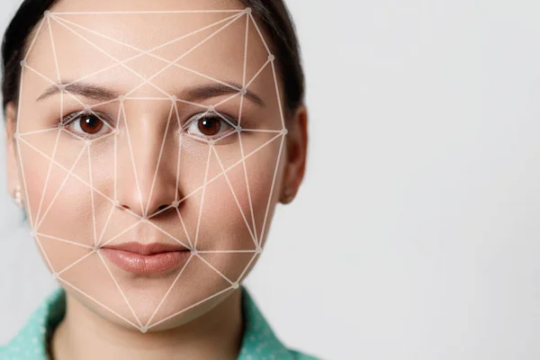 Verificación Biométrica Mujer Reconocimiento Facial Detección Seguridad — Foto de Stock