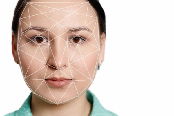 Numérisation Futuriste Technologique Visage Une Belle Femme Pour Reconnaissance Faciale — Photo