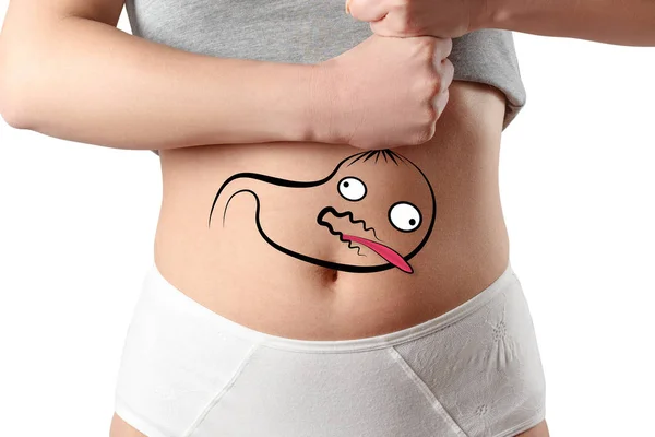 kilo kaybı, oruç, kilo kaybı, diyet kavramı. O elleriyle boğar kadının mide arka plan üzerinde çizim mide. Beyaz arka plan üzerinde izole. Stüdyo fotoğrafçılığı