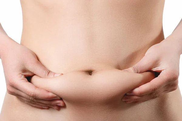 白い背景に孤立した女性体脂肪腹正面図. — ストック写真