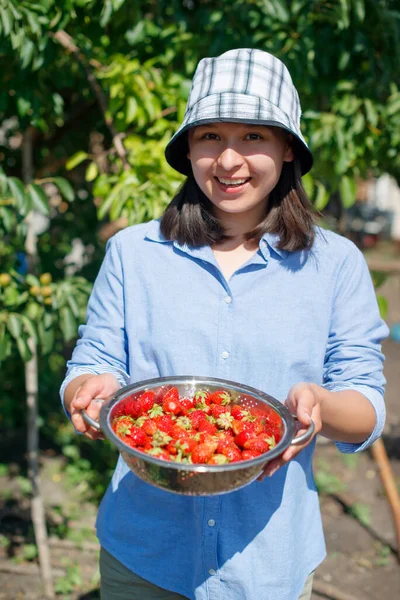 Mujer Sosteniendo Tazón Fresas Recién Recogidas Sus Manos Sonriendo —  Fotos de Stock