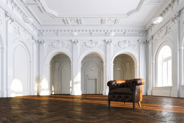 Klasik görünümde beyaz iç açık 3D render vintage kanepe