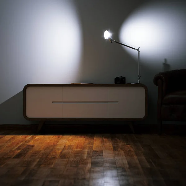 白色内饰床头柜 木质镶木地板 真皮扶手椅3D — 图库照片