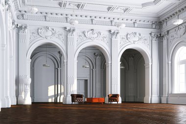 Büyük beyaz klasik iç Müzesi Salonu vintage deri koltuk ile 3d render