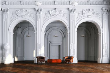 Büyük beyaz klasik iç Müzesi Salonu vintage deri koltuk ile 3d render