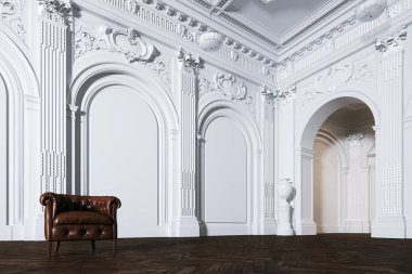 Büyük beyaz klasik iç Müzesi Salonu vintage deri koltuk ile 3d render