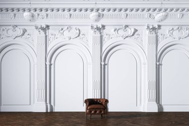 Büyük beyaz klasik iç Müzesi Salonu vintage deri koltuk ile 3d render