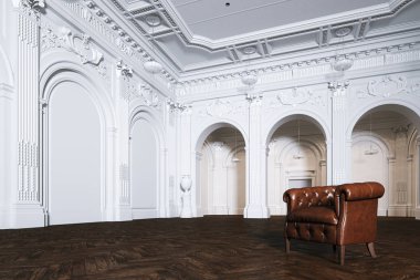 Büyük beyaz klasik iç Müzesi Salonu vintage deri koltuk ile 3d render