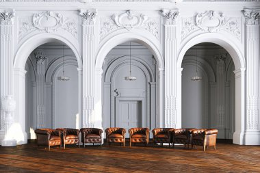 Büyük beyaz klasik iç Müzesi Salonu vintage deri koltuk ile 3d render