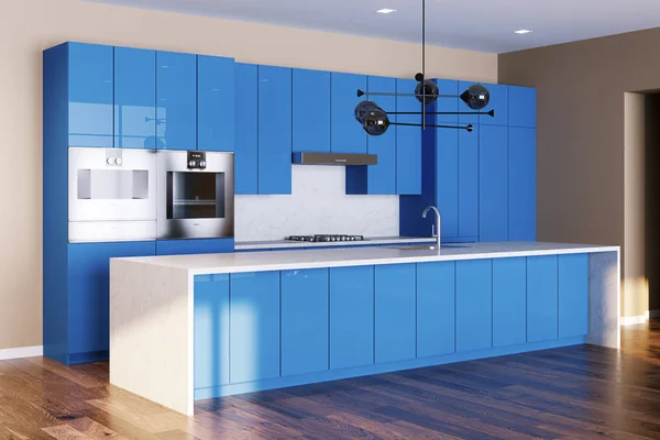 Nuevo Interior Cocina Con Piso Madera Gabinetes Color Azul Render —  Fotos de Stock