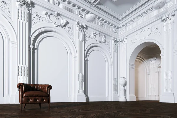 Gran Salón Del Museo Interior Clásico Blanco Con Sillón Cuero — Foto de Stock