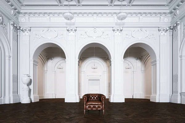 Gran Salón Del Museo Interior Clásico Blanco Con Sillón Cuero — Foto de Stock