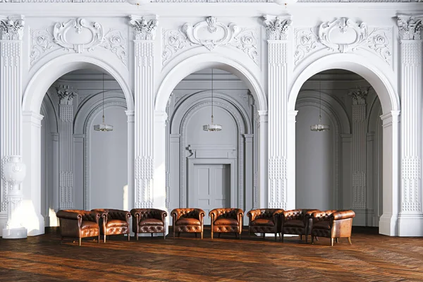 Gran Salón Del Museo Interior Clásico Blanco Con Sillón Cuero — Foto de Stock