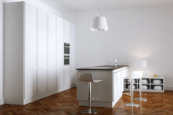 Biała Kuchnia Wnętrz Białe Meble Drewniane Podłogi Render — Zdjęcie stockowe