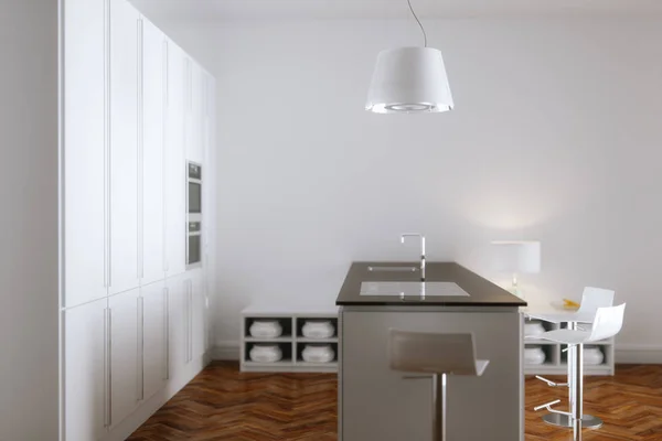 Interior Cocina Blanca Con Muebles Blancos Suelo Madera Render —  Fotos de Stock